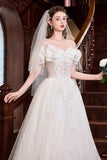 A-Line Tulle Lace Long Prom Dress, White Off the Shoulder Evening Party Dress HZ0429