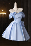 Blue Satin Knee Length Prom Dress, Cute A-Line Evening Party Dress HZ0429