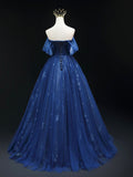 Beautiful Blue Tulle Floor Length Prom Dress, A-Line Off the Shoulder Princess Dress Evening Dress HZ0429
