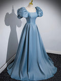 Blue Puff Sleeve Satin Floor Length Prom Dress, Blue A-Line Evening Party Dress HZ0429