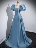 Blue Puff Sleeve Satin Floor Length Prom Dress, Blue A-Line Evening Party Dress HZ0429