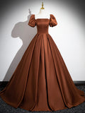 Brown Satin Floor Length Prom Dress , Off the Shoulder A-Line Evening Dress HZ0429