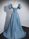 Blue Puff Sleeve Satin Floor Length Prom Dress, Blue A-Line Evening Party Dress HZ0429
