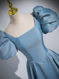 Blue Puff Sleeve Satin Floor Length Prom Dress, Blue A-Line Evening Party Dress HZ0429