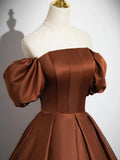 Brown Satin Floor Length Prom Dress , Off the Shoulder A-Line Evening Dress HZ0429