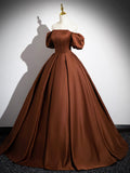 Brown Satin Floor Length Prom Dress , Off the Shoulder A-Line Evening Dress HZ0429