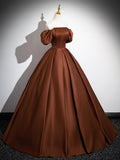 Brown Satin Floor Length Prom Dress , Off the Shoulder A-Line Evening Dress HZ0429
