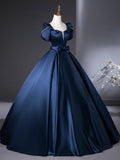 Blue Satin Long Prom Dress, Elegant Short Sleeve Evening Party Dress HZ0429