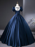 Blue Satin Long Prom Dress, Elegant Short Sleeve Evening Party Dress HZ0429