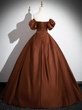 Brown Satin Floor Length Prom Dress , Off the Shoulder A-Line Evening Dress HZ0429