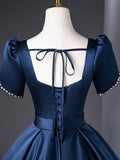 Blue Satin Long Prom Dress, Elegant Short Sleeve Evening Party Dress HZ0429