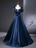 Blue Satin Long Prom Dress, Elegant Short Sleeve Evening Party Dress HZ0429