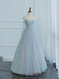 Dusty Blue Tulle Sequins Long Prom Dress, Off the Shoulder Long Sleeve Evening Party Dress HZ0429