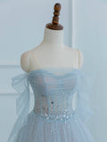 Dusty Blue Tulle Sequins Long Prom Dress, Off the Shoulder Long Sleeve Evening Party Dress HZ0429