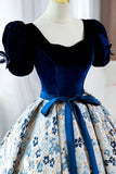 Blue Short Sleeve A-Line Floor Length Prom Dress, Blue Evening Dress HZ0429