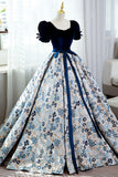 Blue Short Sleeve A-Line Floor Length Prom Dress, Blue Evening Dress HZ0429