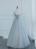 Dusty Blue Tulle Sequins Long Prom Dress, Off the Shoulder Long Sleeve Evening Party Dress HZ0429