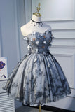 Gray Short Strapless Tulle Prom Dress, Cute A-Line Party Dress HZ0429
