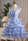 Blue Tulle Layers Short Prom Dress, Blue A-Line Homecoming Party Dress HZ0429