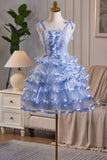 Blue Tulle Layers Short Prom Dress, Blue A-Line Homecoming Party Dress HZ0429