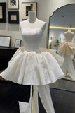 Ivory Strapless Short Homecoming Dress with Oversized Bow Back and Floral Lace Embroidery - Mini Prom Party Gown HZ0429