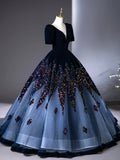 Blue V-Neck Velvet and Sequins Long Prom Dress, A-Line Short Sleeve Formal Dress HZ0429