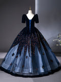 Blue V-Neck Velvet and Sequins Long Prom Dress, A-Line Short Sleeve Formal Dress HZ0429