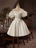 White Satin Off the Shoulder Party Dress, Lovely A-Line Short Sleeve Evening Dress HZ0429