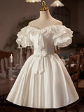 White Satin Off the Shoulder Party Dress, Lovely A-Line Short Sleeve Evening Dress HZ0429