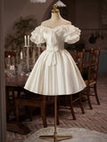 White Satin Off the Shoulder Party Dress, Lovely A-Line Short Sleeve Evening Dress HZ0429