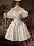 White Satin Off the Shoulder Party Dress, Lovely A-Line Short Sleeve Evening Dress HZ0429