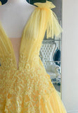 Yellow V-Neck Lace Long Prom Dresses, A-Line Evening Dresses HZ0429