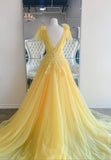 Yellow V-Neck Lace Long Prom Dresses, A-Line Evening Dresses HZ0429