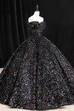Glitter Black Princess Prom Dress, Off Shoulder Floor Length Ball Gown HZ0429