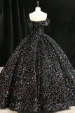 Glitter Black Princess Prom Dress, Off Shoulder Floor Length Ball Gown HZ0429