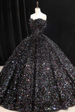 Glitter Black Princess Prom Dress, Off Shoulder Floor Length Ball Gown HZ0429