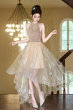 Champagne Tulle Beads Short Prom Dress, Lovely A-Line Hight Low Party Dress HZ0429