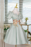 Light Green Satin Lace Short Prom Dress, A-Line Short Sleeve Party Dress HZ0429