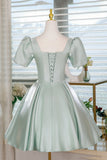 Light Green Satin Lace Short Prom Dress, A-Line Short Sleeve Party Dress HZ0429