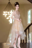 Champagne Tulle Beads Short Prom Dress, Lovely A-Line Hight Low Party Dress HZ0429