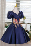 Navy Satin Lace Short Prom Dress, A-Line Short Sleeve Party Dress HZ0429
