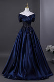Elegant Navy Satin Beads Long Prom Dress, Off the Shoulder Evening Party Dress HZ0429