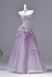 Purple Floral Embellished Tulle Prom Gown with Sheer Overlay | Strapless Formal Evening Dress HZ0429