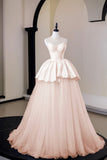 Elegant Blush Pink A-Line Prom Evening Gown with Polka Dot Tulle Skirt HZ0429