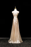 Champagne Sweep Train Floor Length Prom Dress, Champagne Mermaid Strapless Evening Party Dress HZ0429