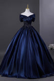 Elegant Navy Satin Beads Long Prom Dress, Off the Shoulder Evening Party Dress HZ0429