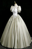 Gray Green Satin Long Prom Dress, Elegant Short Sleeve Evening Party Dress HZ0429