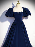 Blue Velvet Floor Length Prom Dress, Beautiful Open Back Evening Dress with Pearls HZ0429