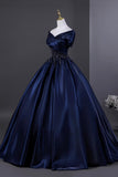 Elegant Navy Satin Beads Long Prom Dress, Off the Shoulder Evening Party Dress HZ0429