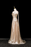 Champagne Sweep Train Floor Length Prom Dress, Champagne Mermaid Strapless Evening Party Dress HZ0429
